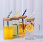 Square Drinking Glass with Wooden Lid and Glass Straw 350ml / Aesthetic Glass Glass
